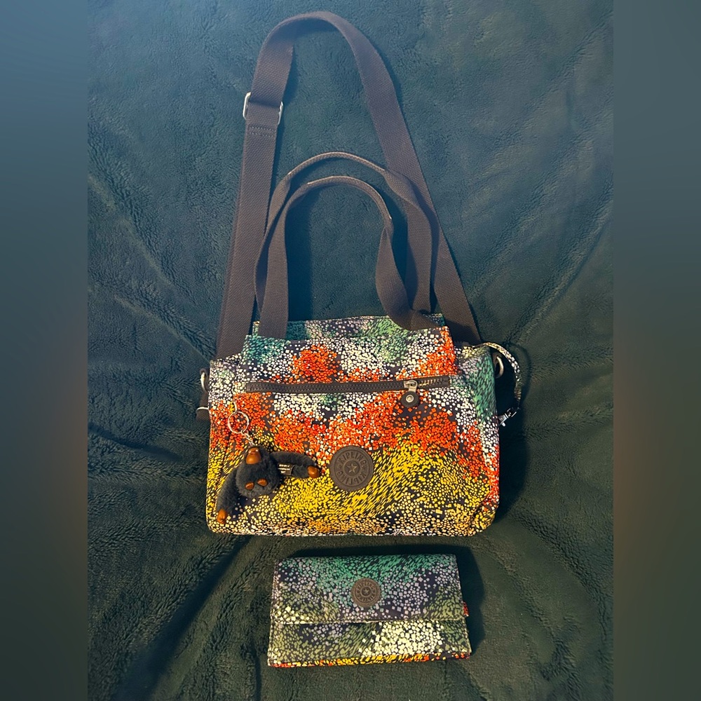 Kipling Elysia Multi-Print Satchel and Matching Printed Wallet & Monkey Keychain